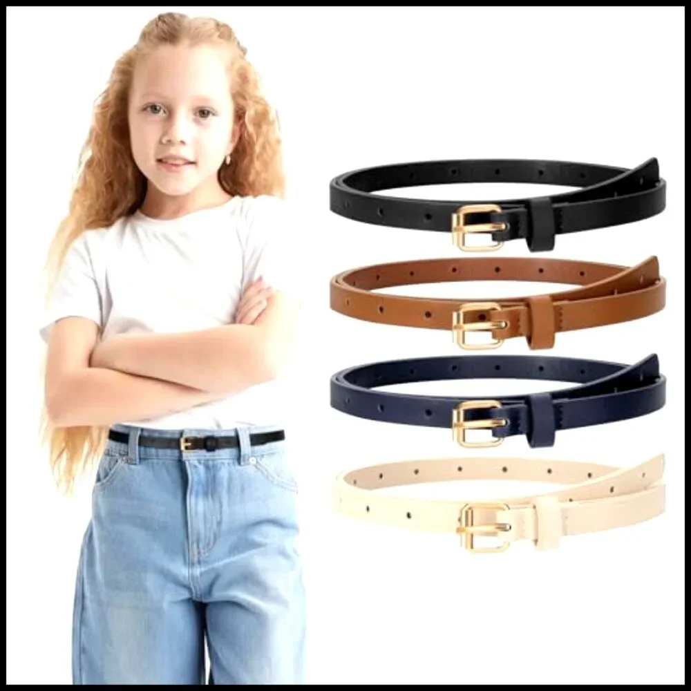 Girls Skinny Leather Belts Set 4 Pack Thin Waist Belts Gold Buckle Classic